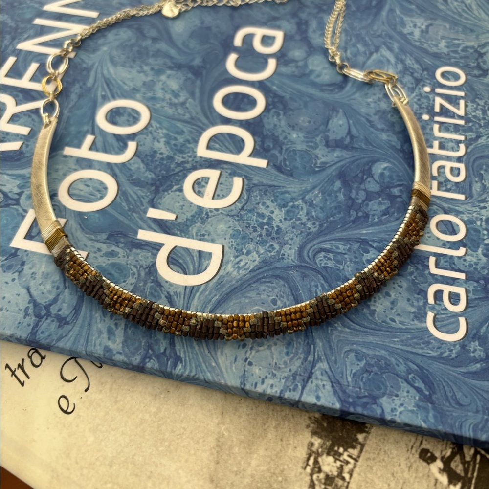 Silver and Brown Beaded Crescent Necklace